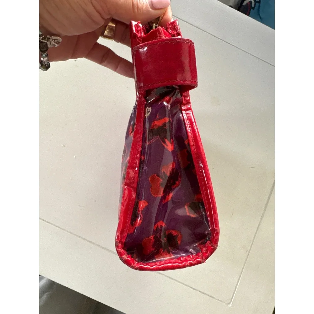 Tory Burch Purple Red Floral Glossy PVC Cosmetic Makeup Bag Pouch with Logo